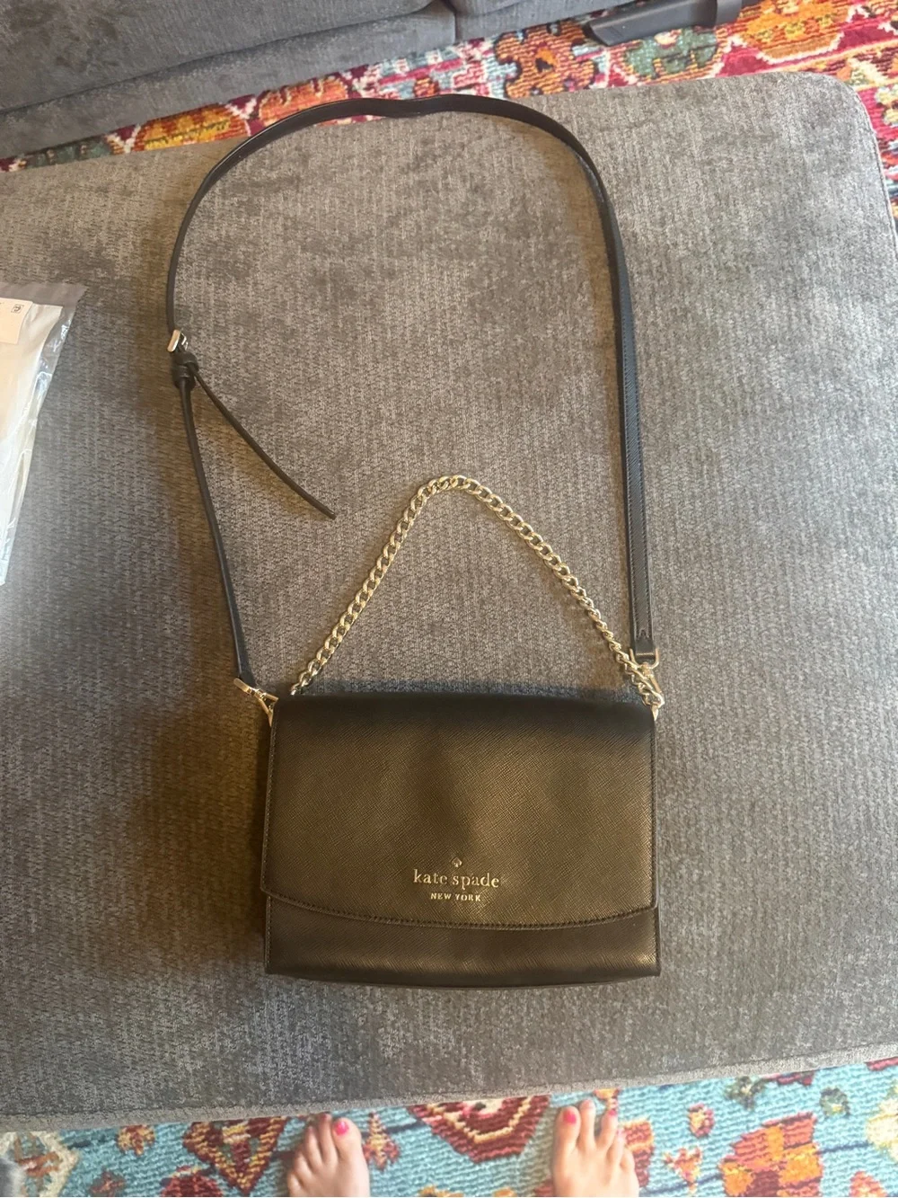 kate spade black Saffiano leather crossbody with silver chain